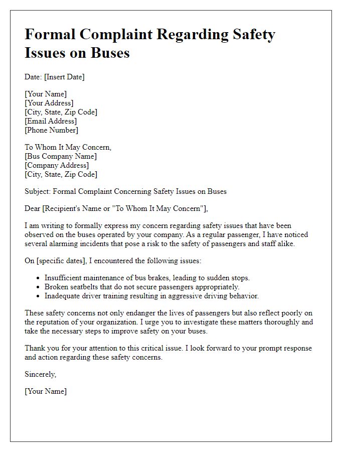 Letter template of formal complaint concerning safety issues on buses.