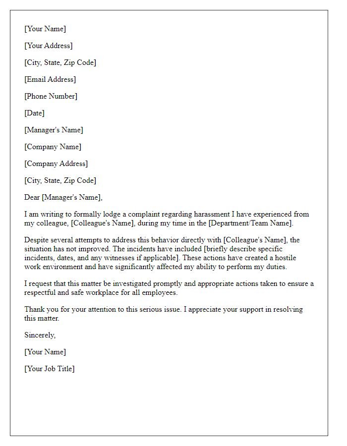 Letter template of formal complaint about harassment from a colleague in the workplace.