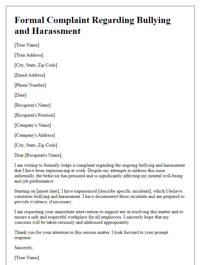 Letter template of formal complaint appealing for support against bullying and harassment at work.