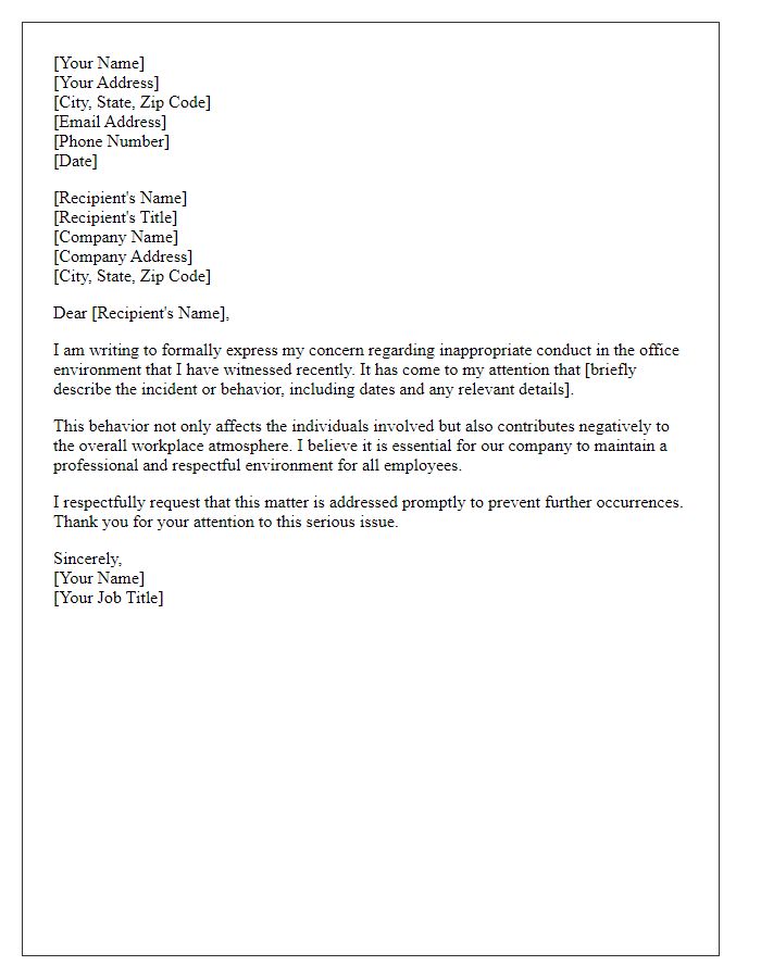 Letter template of formal complaint concerning inappropriate conduct in the office environment.