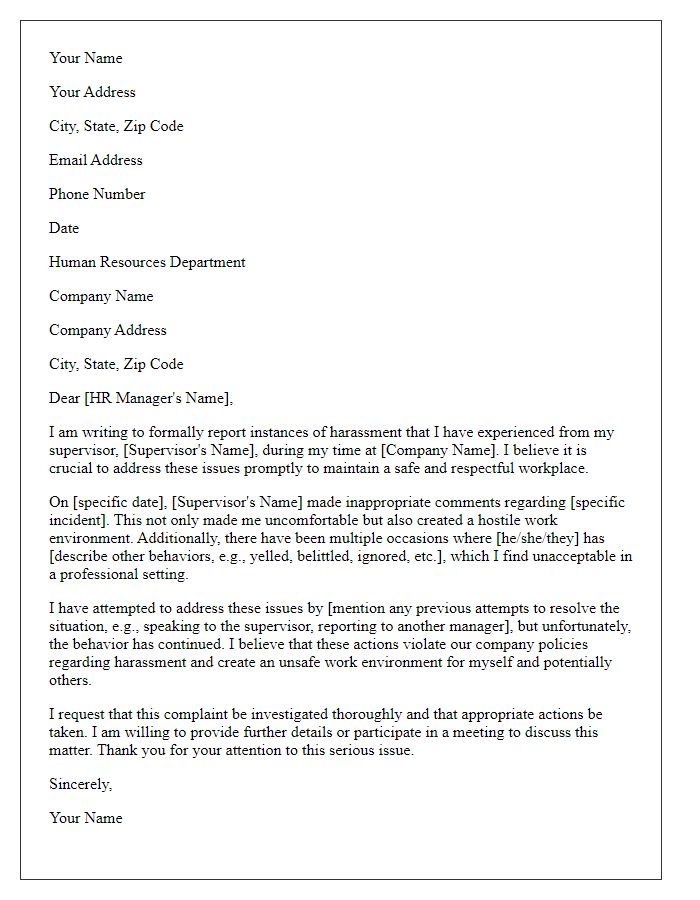 Letter template of formal complaint detailing experiences of harassment by a supervisor.