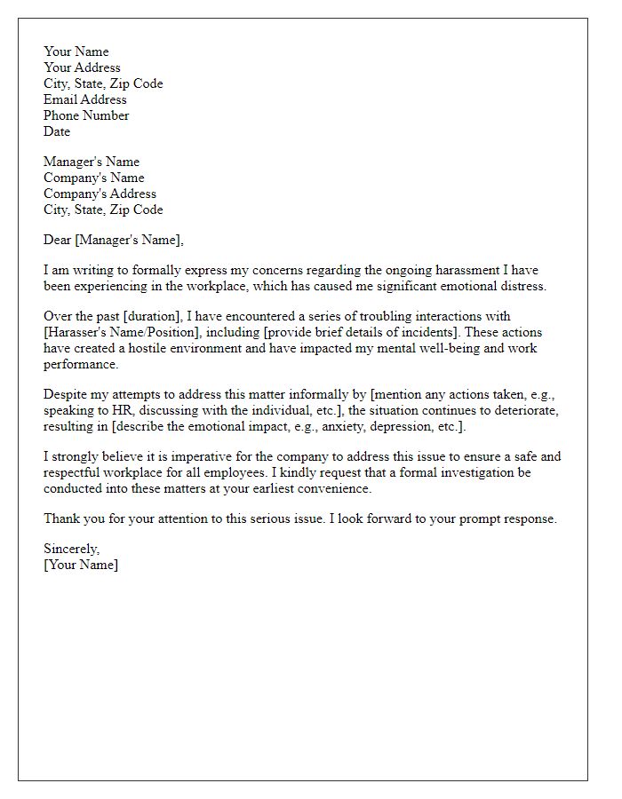 Letter template of formal complaint highlighting emotional distress caused by workplace harassment.