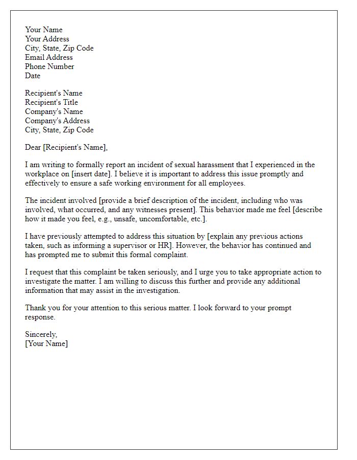 Letter template of formal complaint regarding sexual harassment incidents in the workplace.