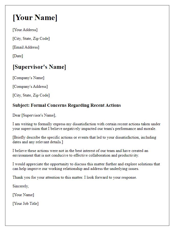 Letter template of formal dissatisfaction with supervisor's actions