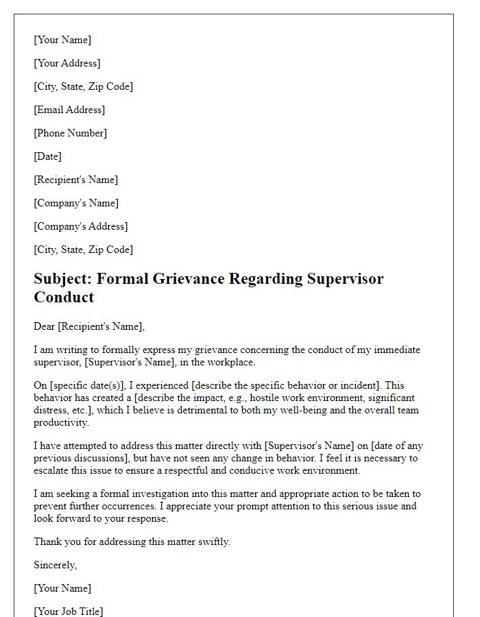 Letter template of formal grievance regarding supervisor conduct