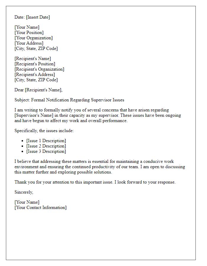 Letter template of formal notification about supervisor issues