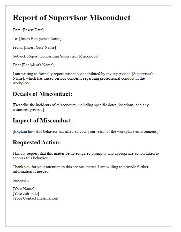 Letter template of report concerning supervisor misconduct