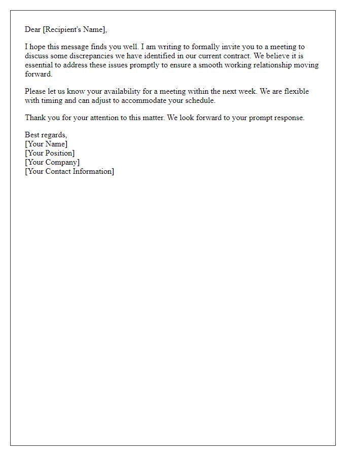 Letter template of invitation to discuss contract discrepancies.