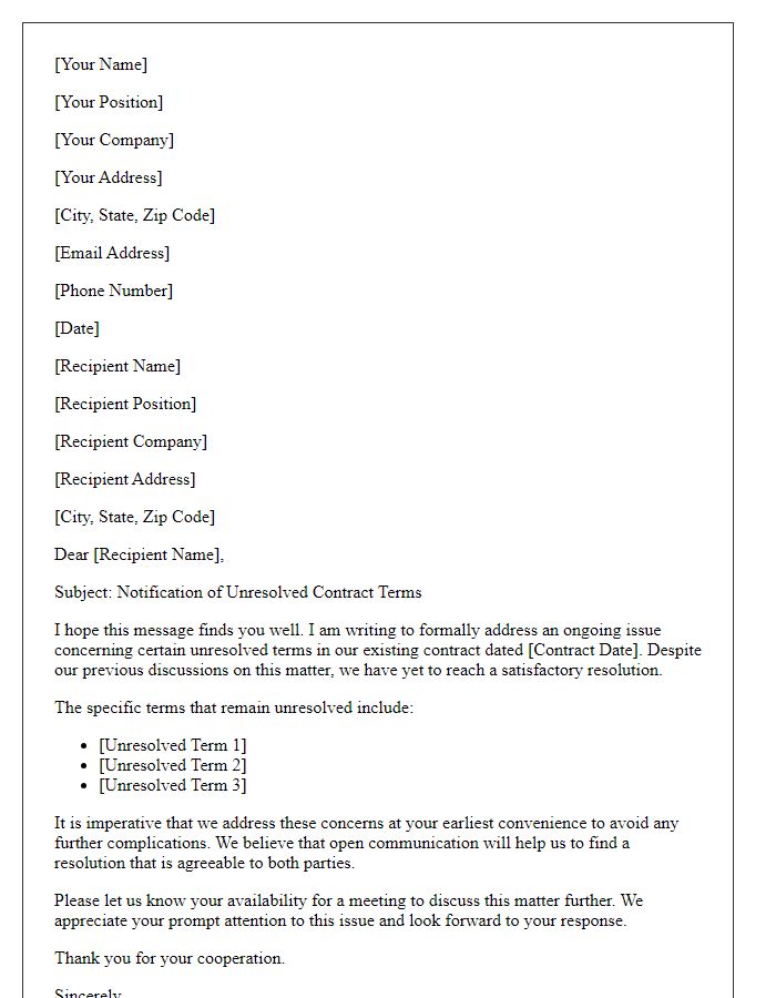 Letter template of issue notification for unresolved contract terms.