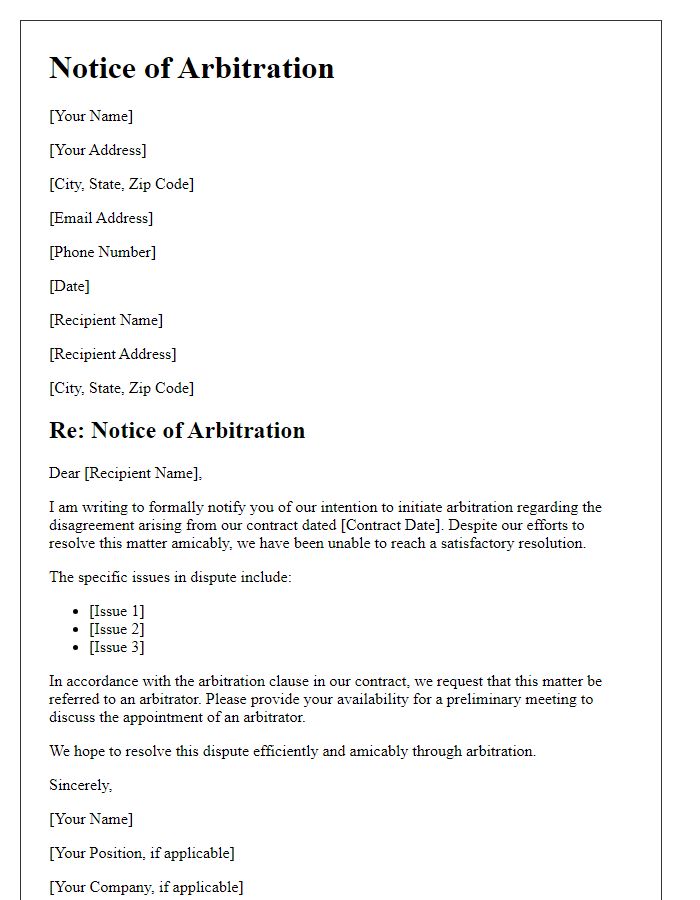 Letter template of notice for arbitration regarding contract disagreement.