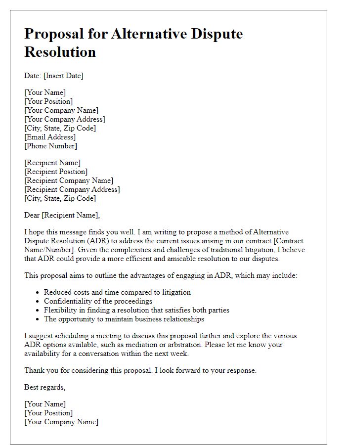 Letter template of proposal for alternative dispute resolution in contract issues.