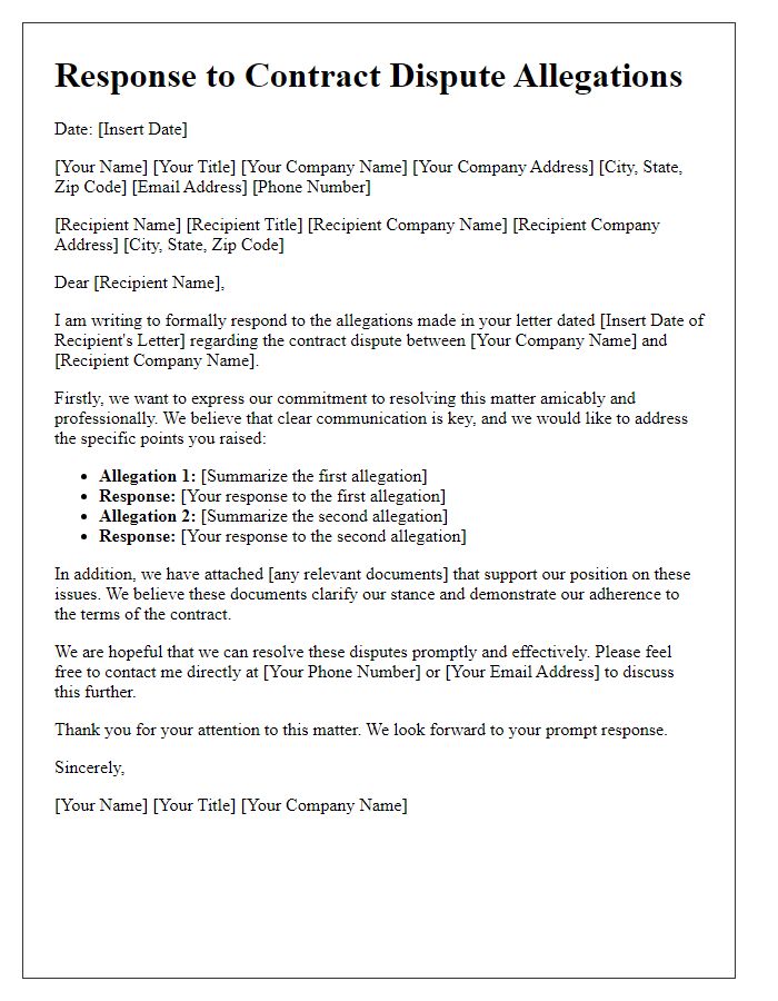 Letter template of response to contract dispute allegations.