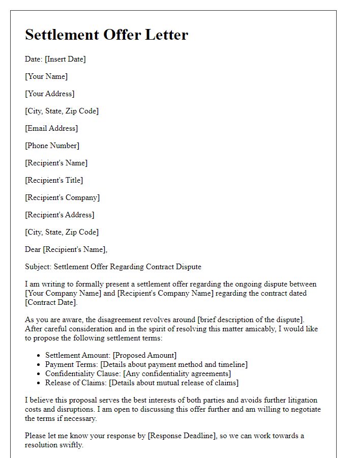 Letter template of settlement offer regarding contract disputes.