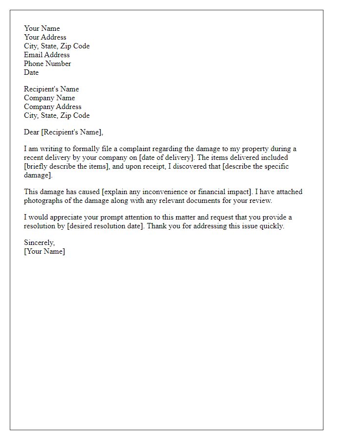 Letter template of formal complaint about property damage during delivery