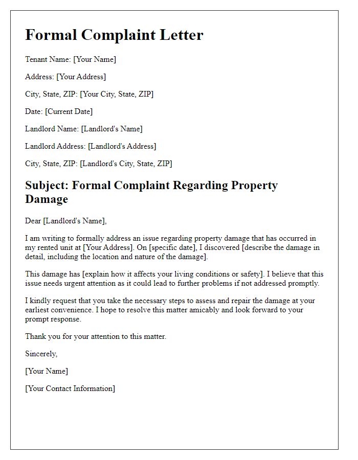 Letter template of formal complaint about property damage from a tenant