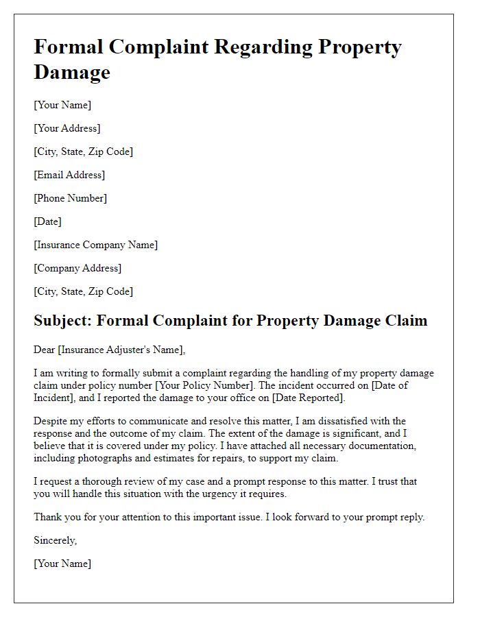 Letter template of formal complaint addressing property damage for insurance claim