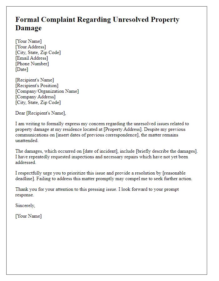 Letter template of formal complaint addressing unresolved property damage issues