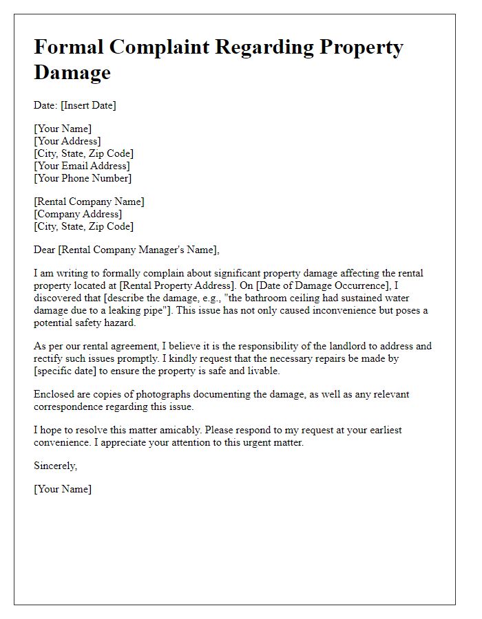 Letter template of formal complaint over property damage from a rental company