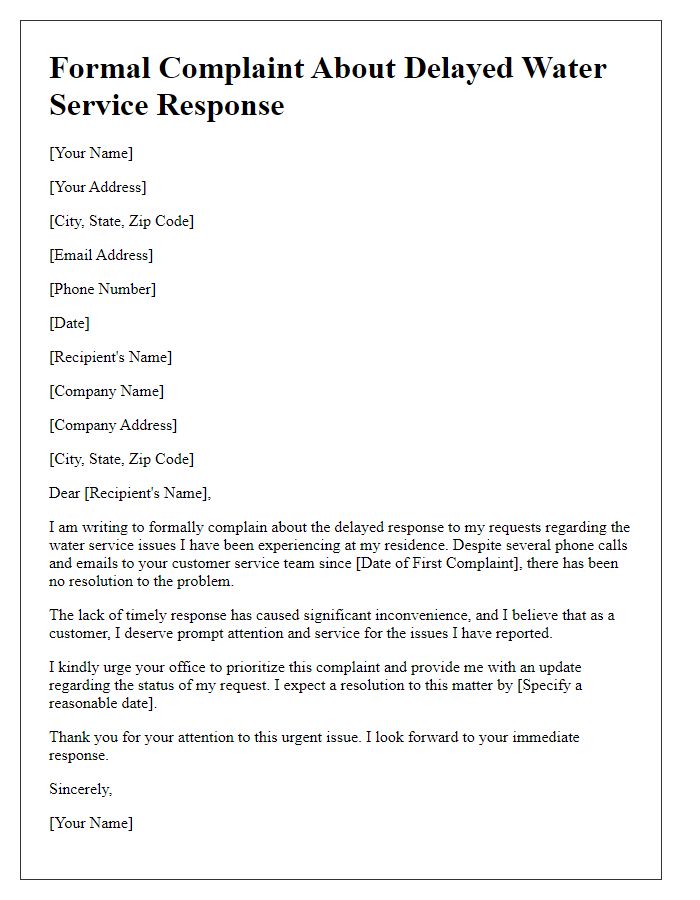 Letter template of formal complaint about delayed water service response.