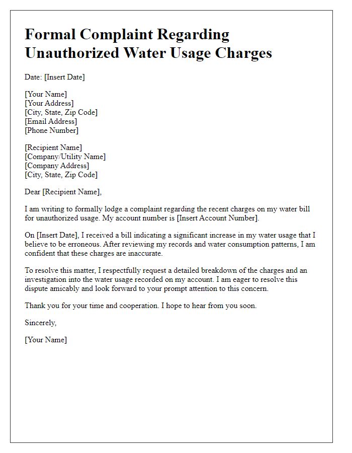 Letter template of formal complaint concerning unauthorized water usage charges.