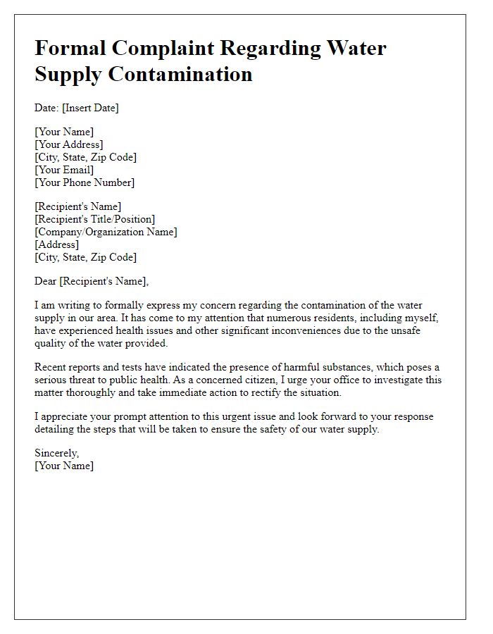 Letter template of formal complaint regarding contamination in the water supply.