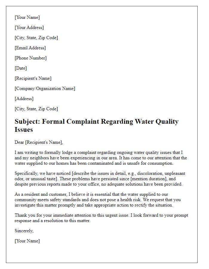 Letter template of formal complaint regarding water quality issues.