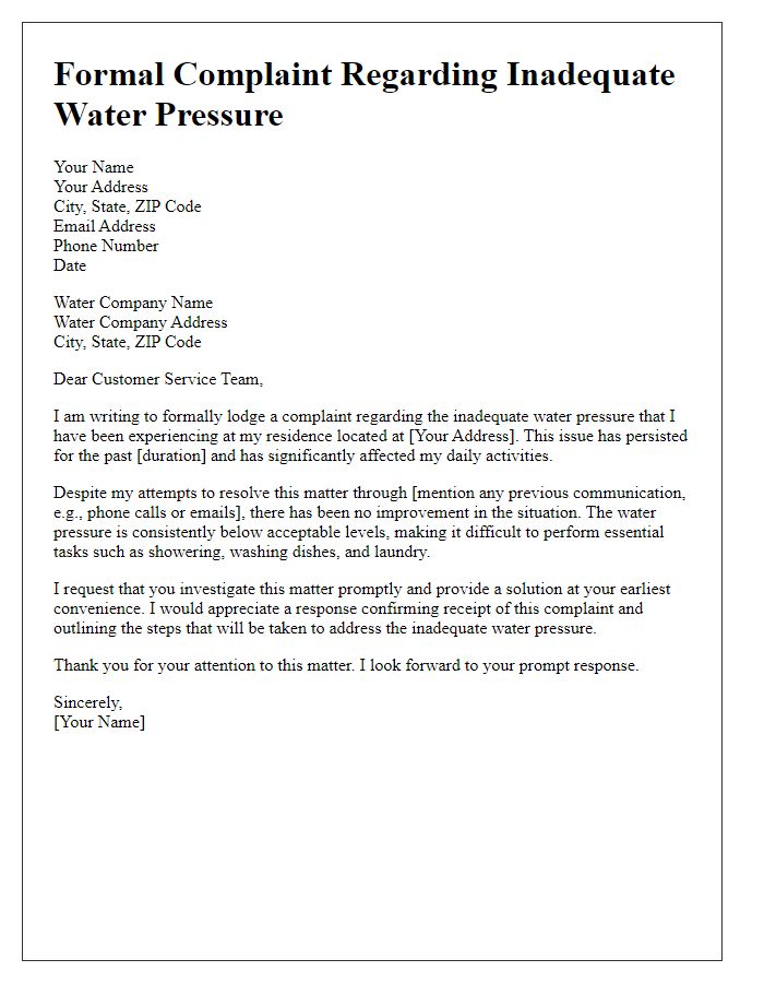 Letter template of formal complaint related to inadequate water pressure.