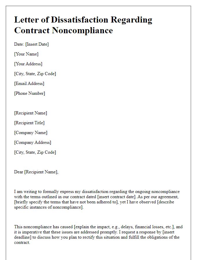 Letter template of dissatisfaction related to contract noncompliance.