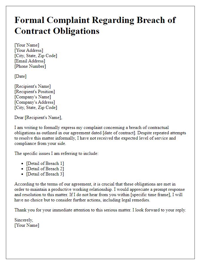 Letter template of formal complaint regarding breach of contract obligations.