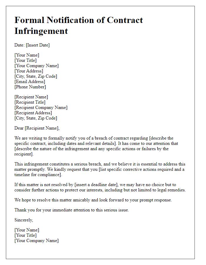 Letter template of formal notification about contract infringement.