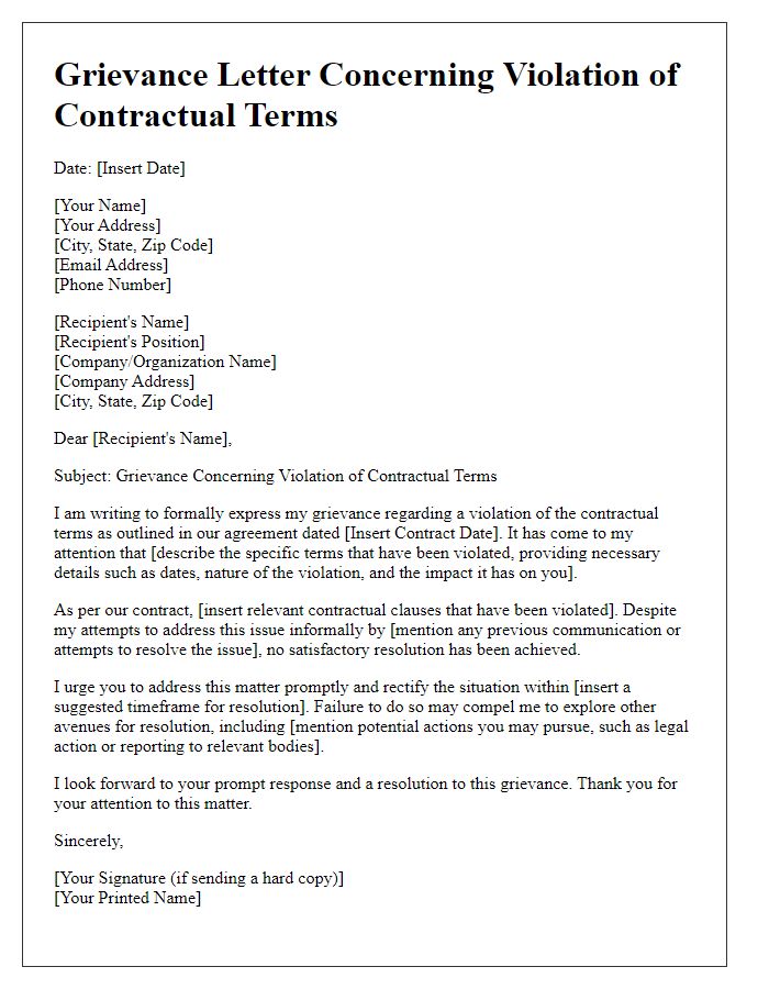 Letter template of grievance concerning violation of contractual terms.