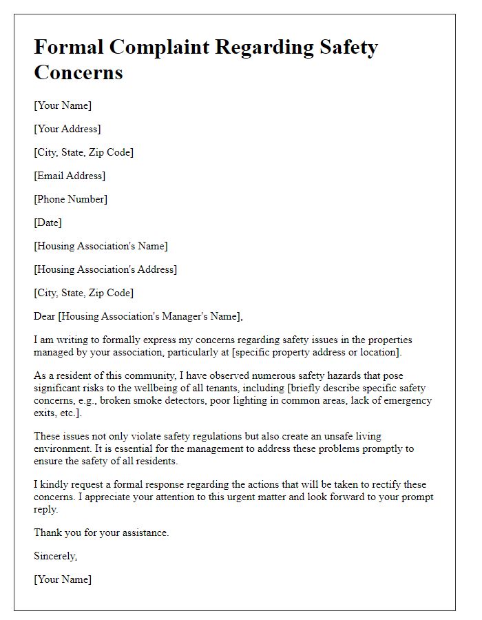 Letter template of formal complaint about safety concerns in housing association properties.