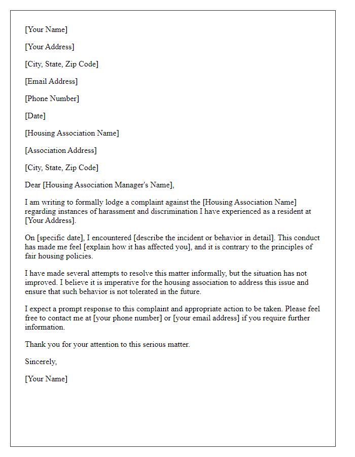 Letter template of formal complaint against housing association for harassment or discrimination.