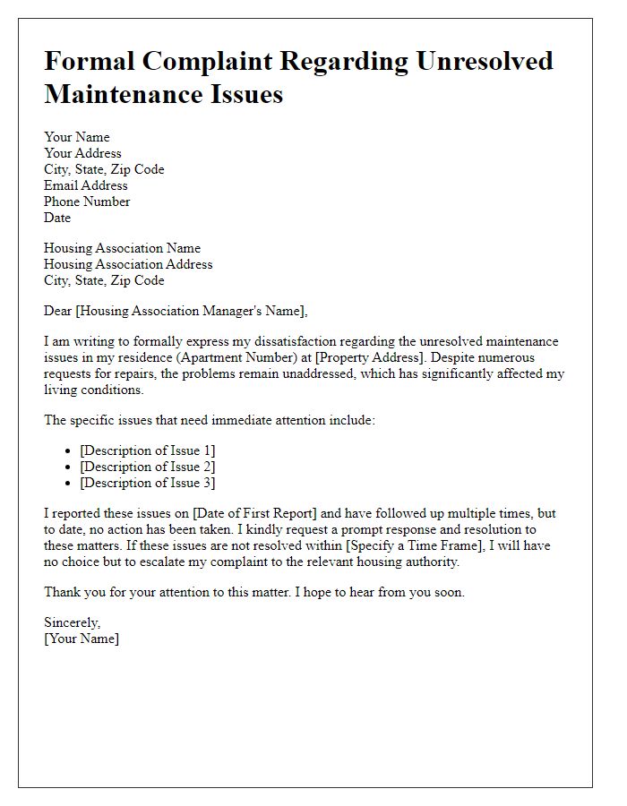 Letter template of formal complaint concerning unresolved maintenance issues with housing association.