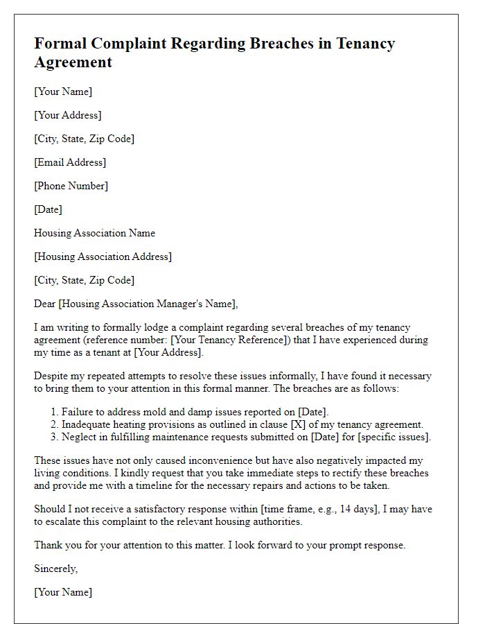 Letter template of formal complaint highlighting breaches in tenancy agreement by housing association.