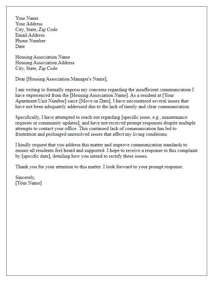 Letter template of formal complaint over insufficient communication from housing association.