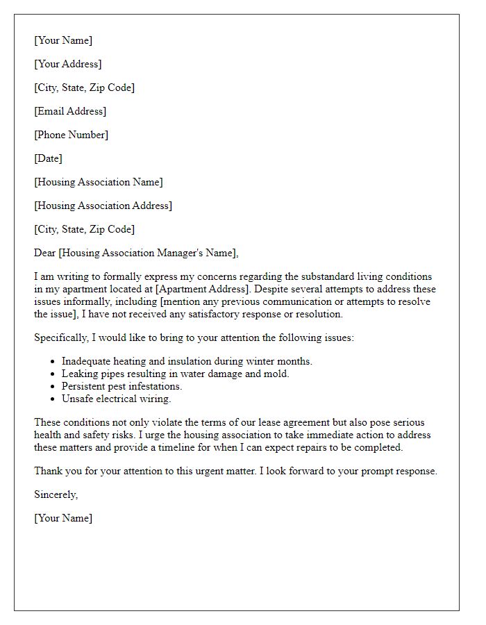 Letter template of formal complaint regarding substandard living conditions with housing association.