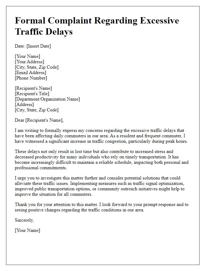 Letter template of formal complaint concerning excessive traffic delays affecting daily commuters.