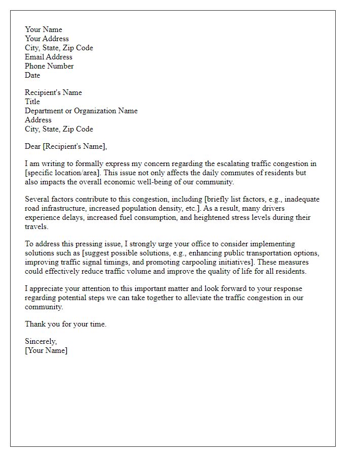 Letter template of formal complaint highlighting the need for solutions to improve traffic congestion.