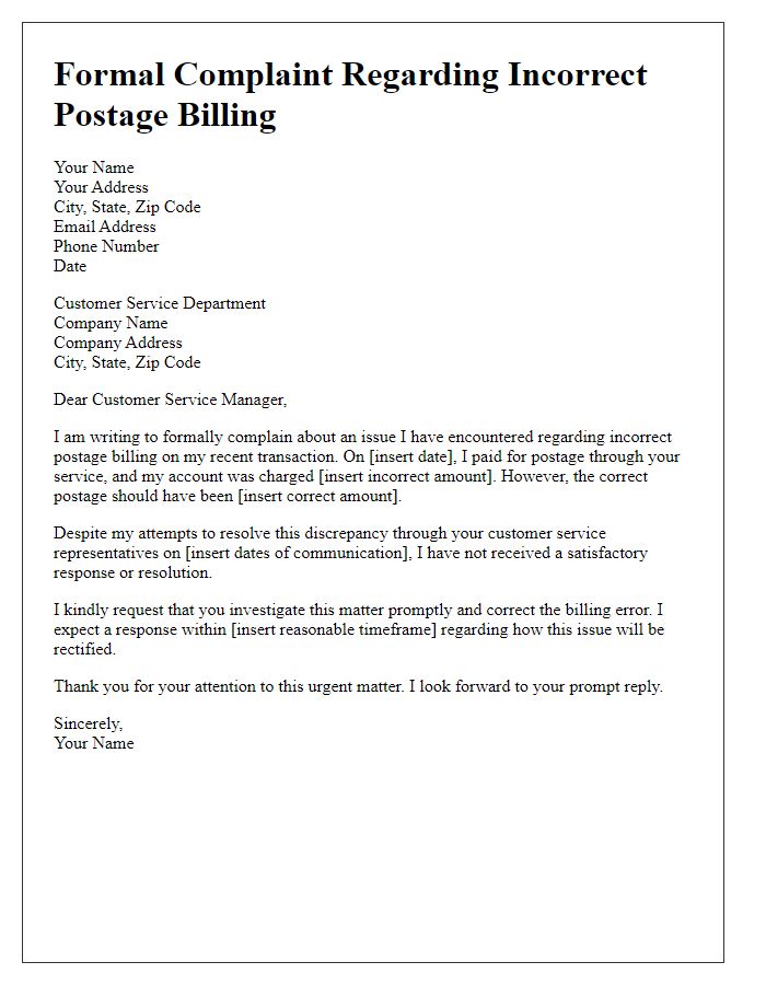 Letter template of formal complaint about incorrect postage billing.