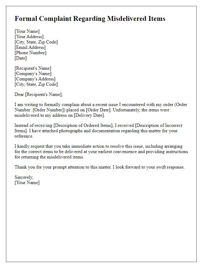 Letter template of formal complaint about misdelivered items.