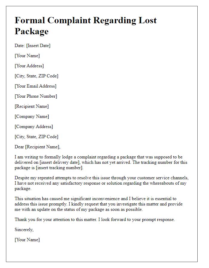 Letter template of formal complaint concerning lost package issues.