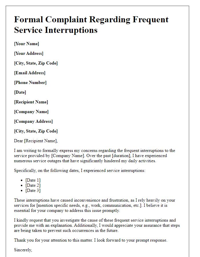 Letter template of formal complaint for frequent service interruptions.