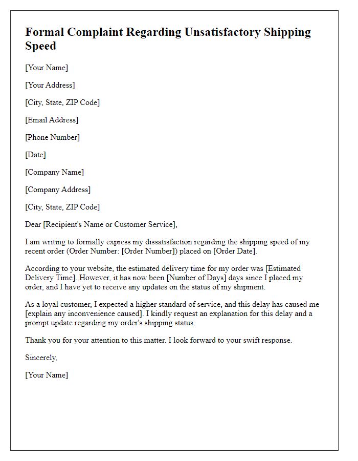 Letter template of formal complaint in relation to unsatisfactory shipping speed.