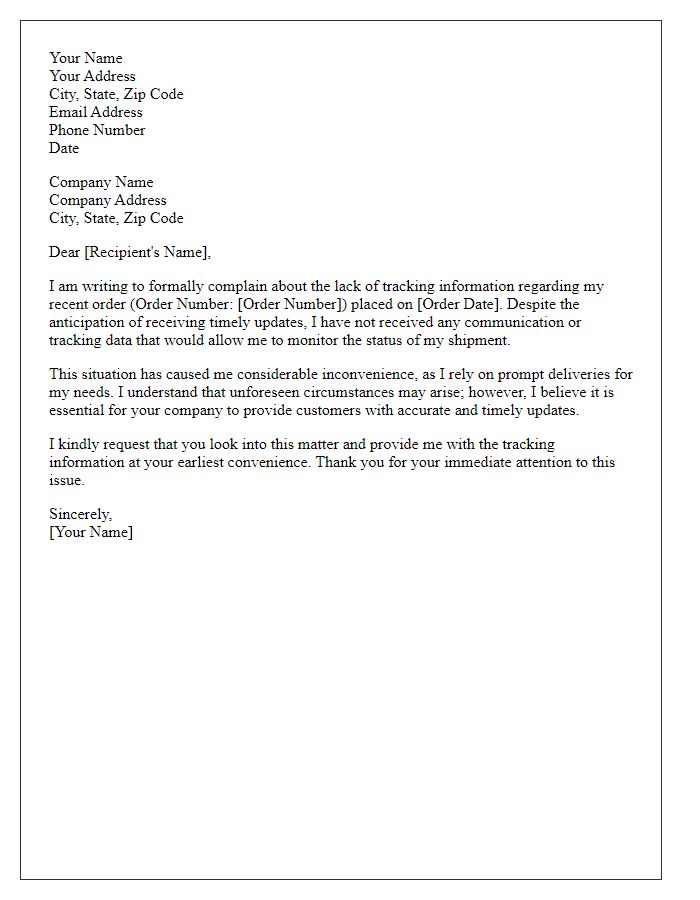 Letter template of formal complaint regarding lack of tracking information.