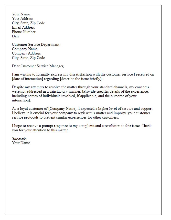 Letter template of formal complaint related to poor customer service experience.