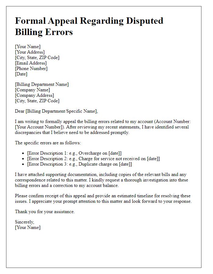 Letter template of formal appeal regarding disputed billing errors.