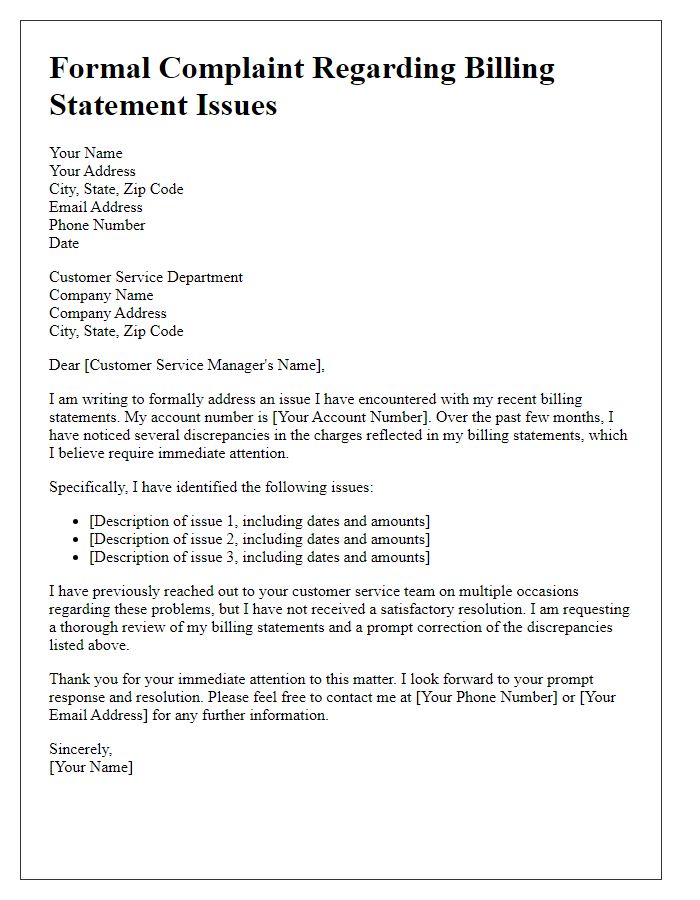 Letter template of formal complaint addressing problems with recent billing statements.