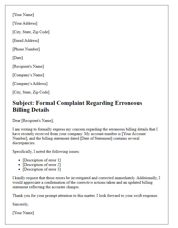 Letter template of formal complaint regarding erroneous billing details.