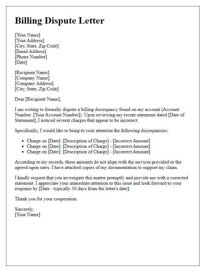 Letter template of formal dispute concerning billing discrepancies.